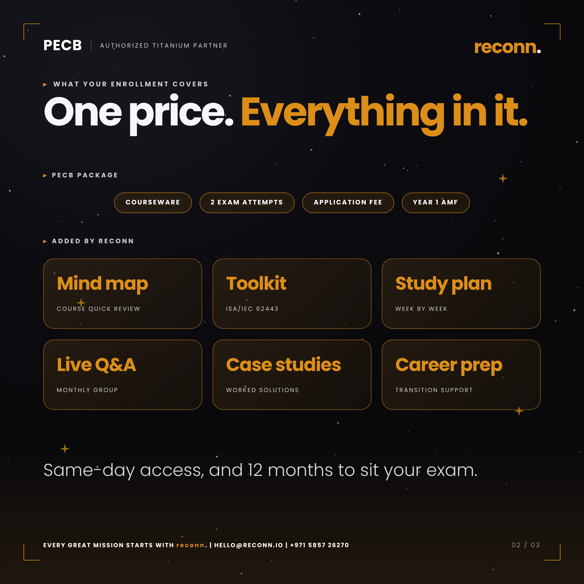What is included with the PECB ISA/IEC 62443 Lead Implementer live online course: PECB courseware, two exam attempts, application fee, first-year annual maintenance fee, plus a mind map, toolkit, study plan, monthly Q&A, case studies and career prep, conducted by reconn, PECB Authorized Titanium Partner