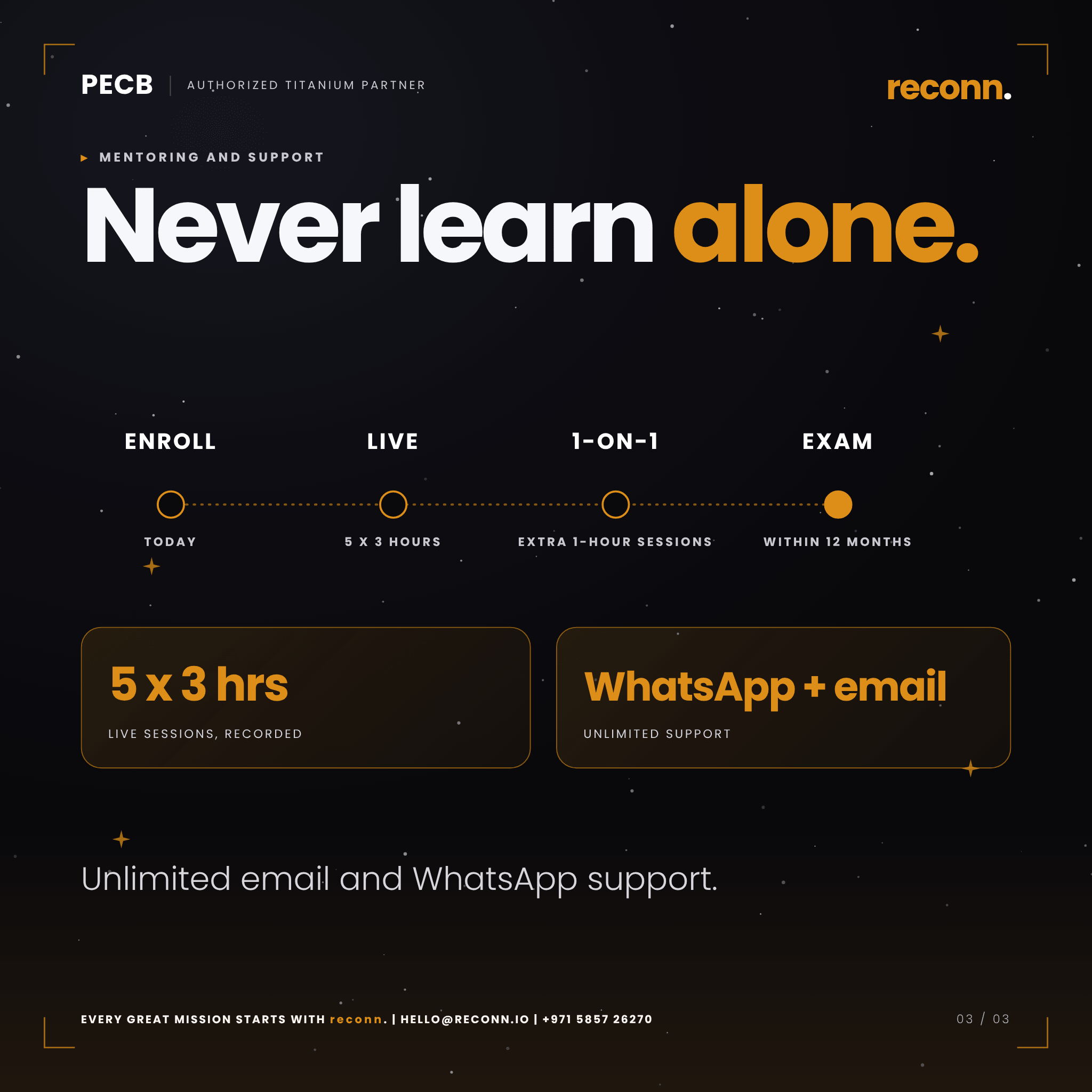 PECB ISA/IEC 62443 Lead Implementer live online support: five 3-hour recorded live sessions, extra 1-hour sessions, then unlimited email and WhatsApp support until you clear the exam, conducted by reconn, PECB Authorized Titanium Partner