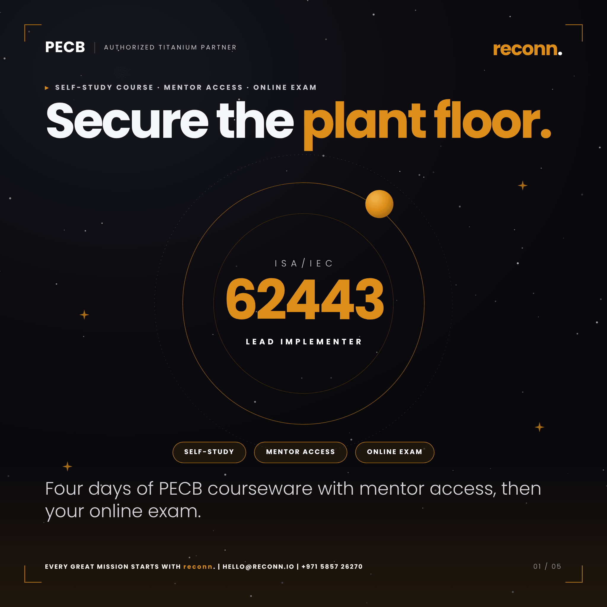 PECB ISA/IEC 62443 Lead Implementer self-study course with four days of courseware, mentor access and an online exam, conducted by reconn, PECB Authorized Titanium Partner