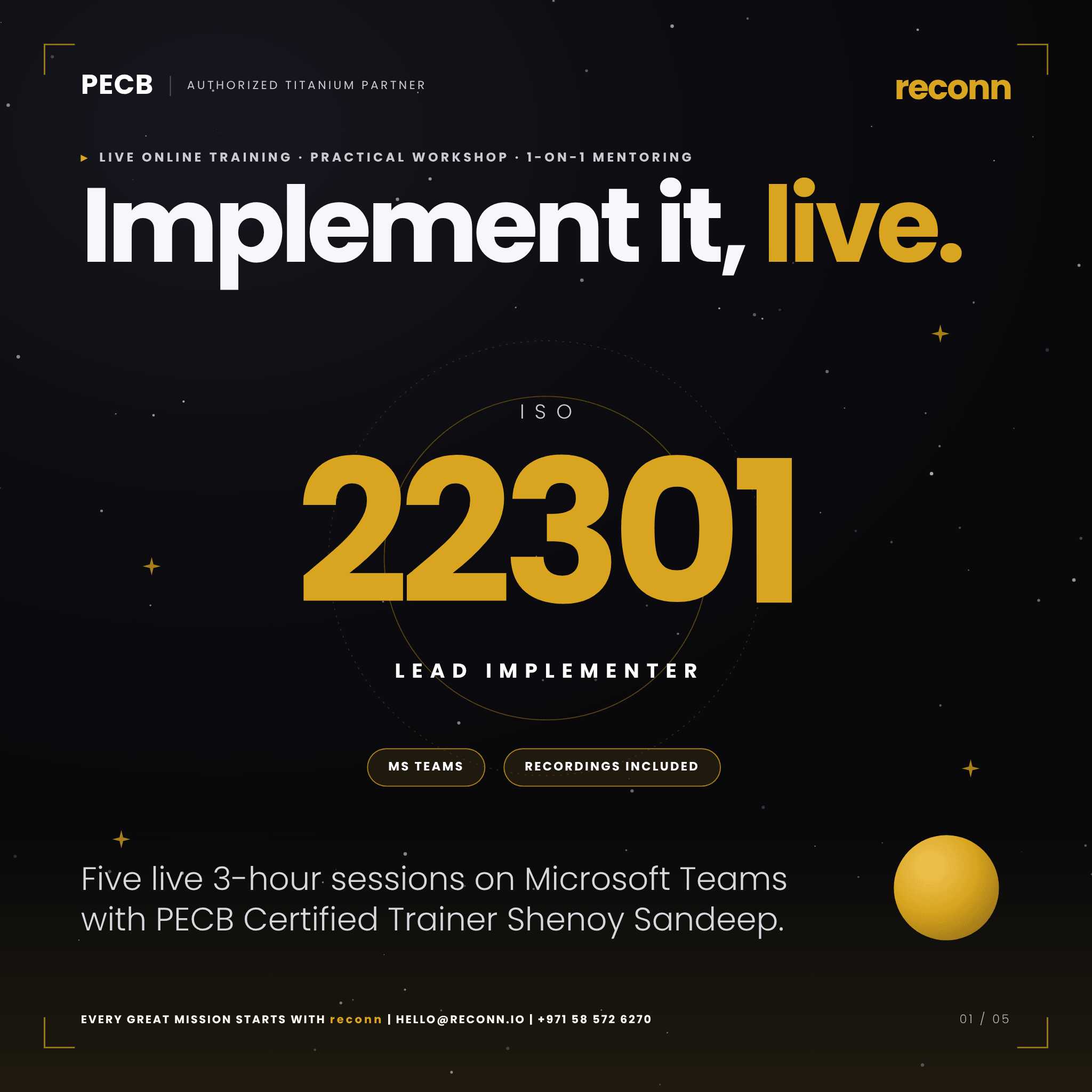 PECB ISO 22301 Lead Implementer live online course with 1-on-1 mentoring from reconn