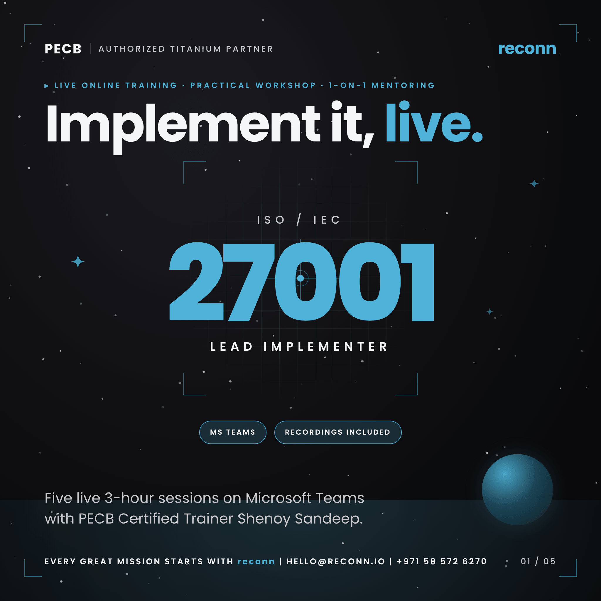 PECB ISO 27001 Lead Implementer live online training with 1-on-1 mentoring, by reconn