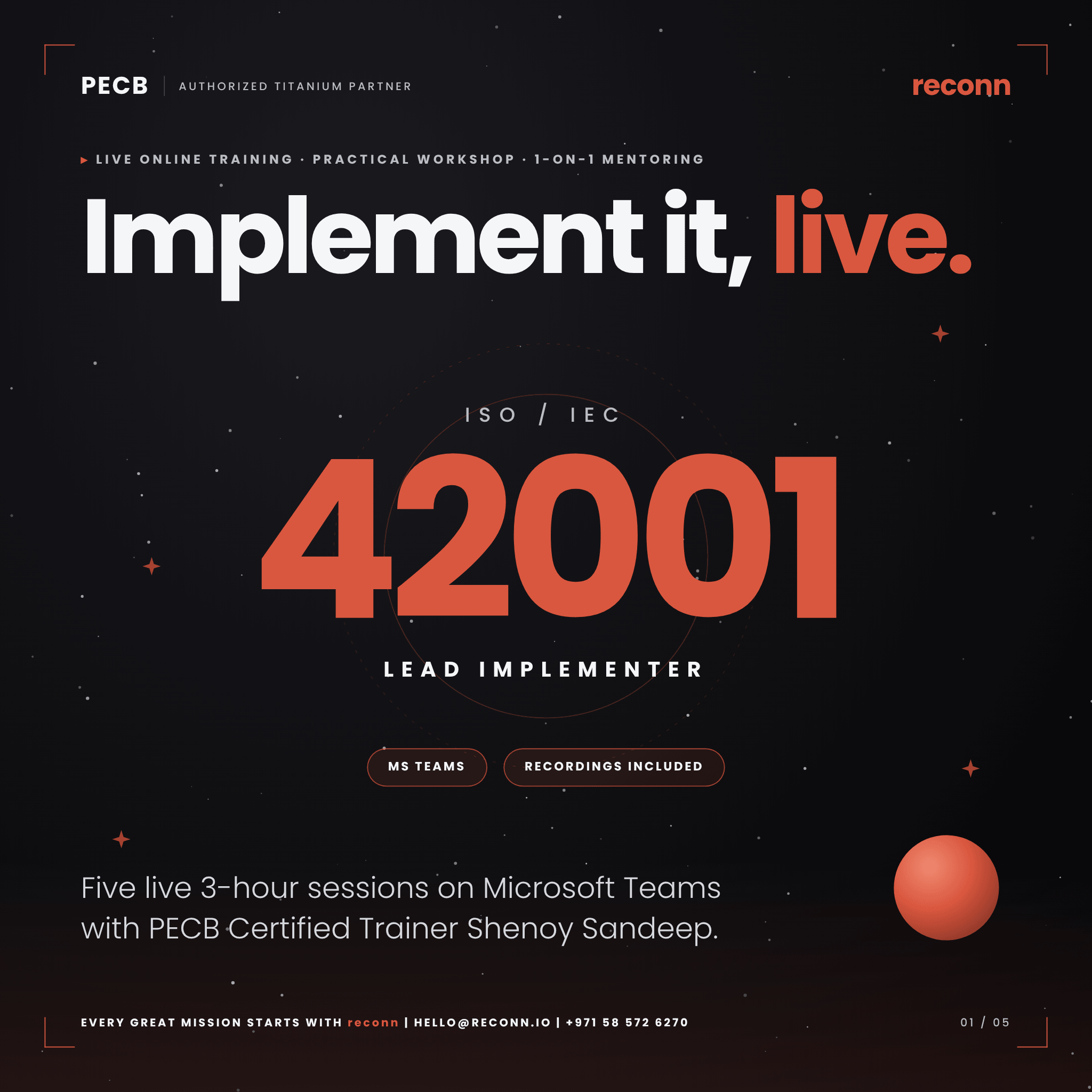 PECB ISO 42001 Lead Implementer live online training with 1-on-1 mentoring from reconn