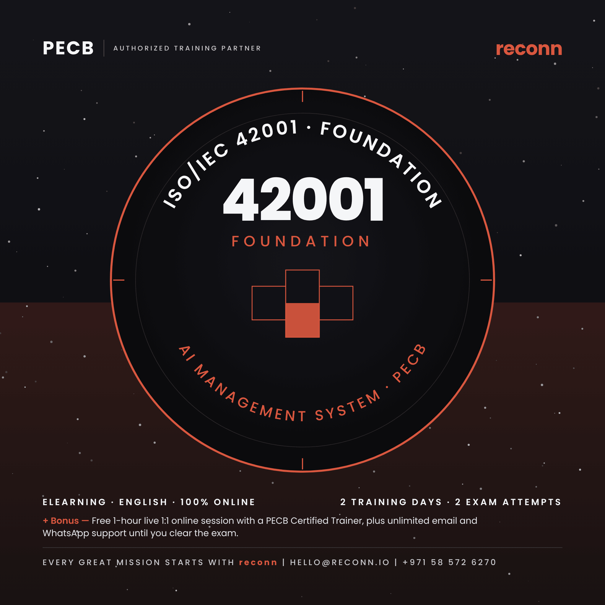 PECB ISO/IEC 42001 Foundation eLearning course by reconn, with a free 1-hour session with a PECB Certified Trainer and unlimited email and WhatsApp support.